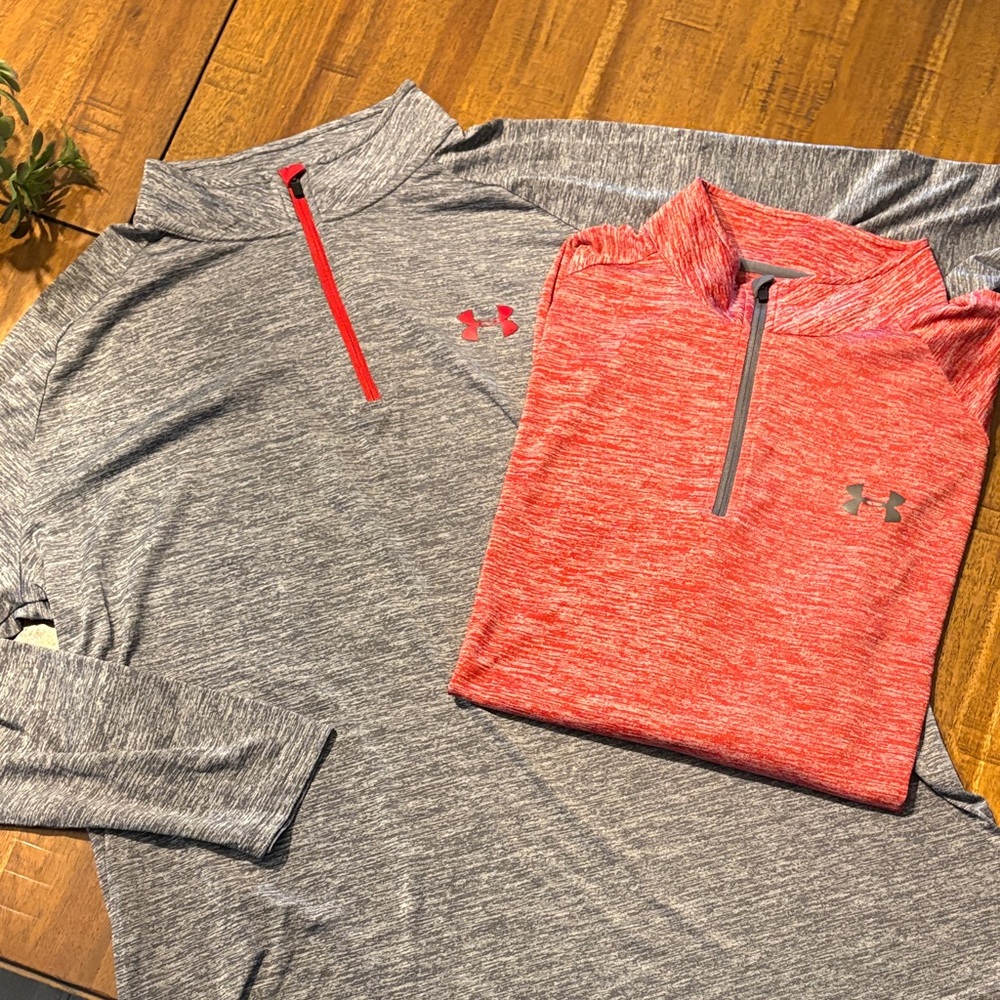 Under Armour Heathered Gray and Red Pullovers